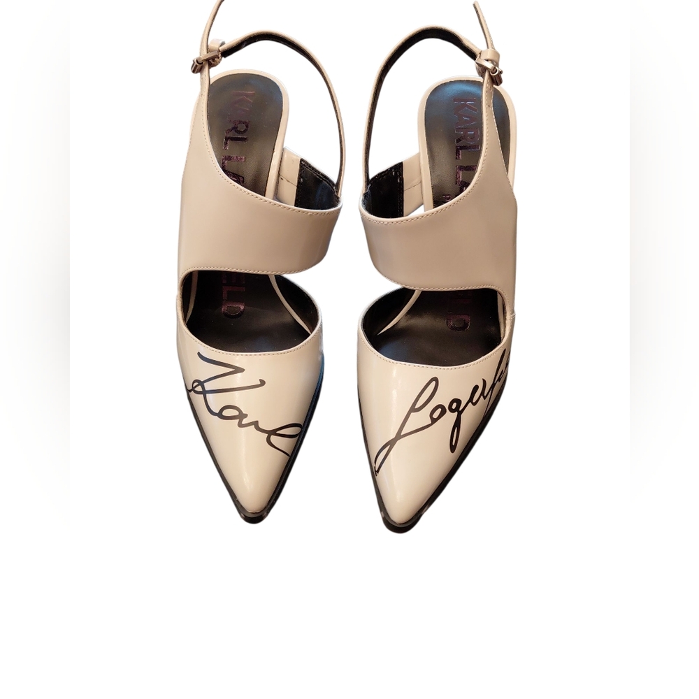 "Karl Lagerfeld" Sz.6.5 White w/ Black Signature Heels. Some pics appear cream.